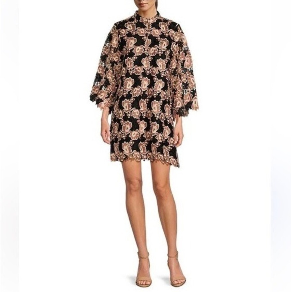 Floral Lace-Trim Mini Dress in Black and Blush